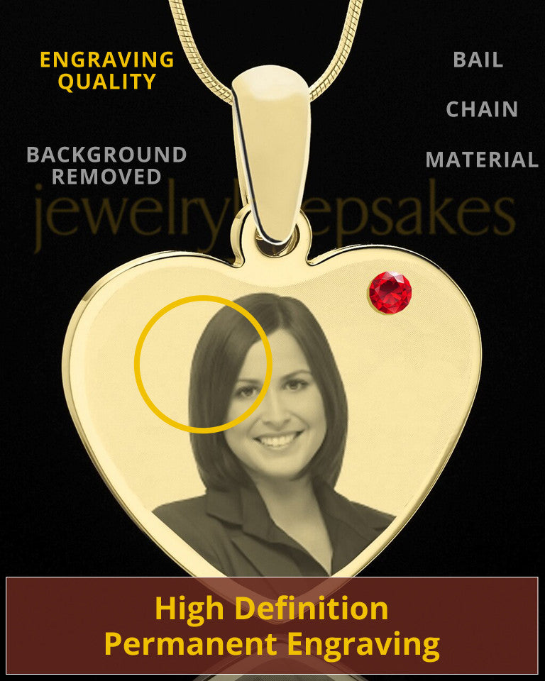 July Gold Heart Photo Engraved Pendant