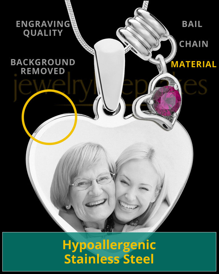 July Stainless Steel Memories Heart-Shaped Photo Engraved Pendant