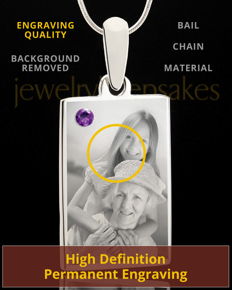 Photo Engraved February Birthstone Rectangle Pendant