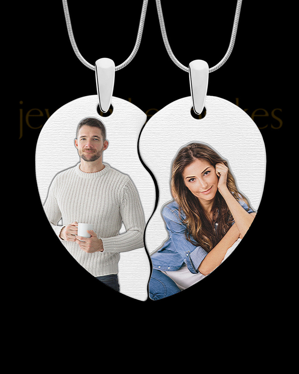 Double Full Color Photo Engraved Heart Pendant Silver