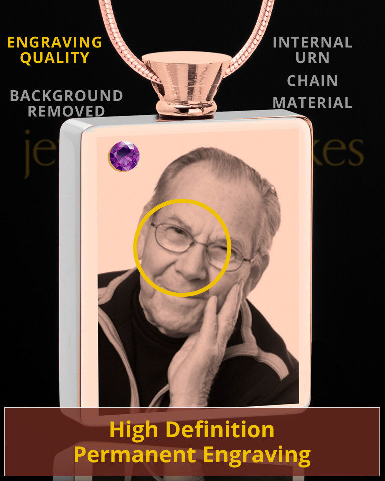 February Rose Gold Plated Photo Engraved Rectangle Cremation Pendant