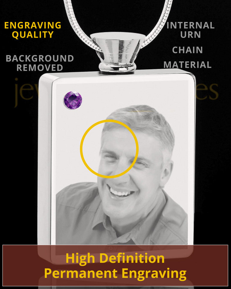 February Stainless Steel Photo Engraved Rectangle Cremation Pendant