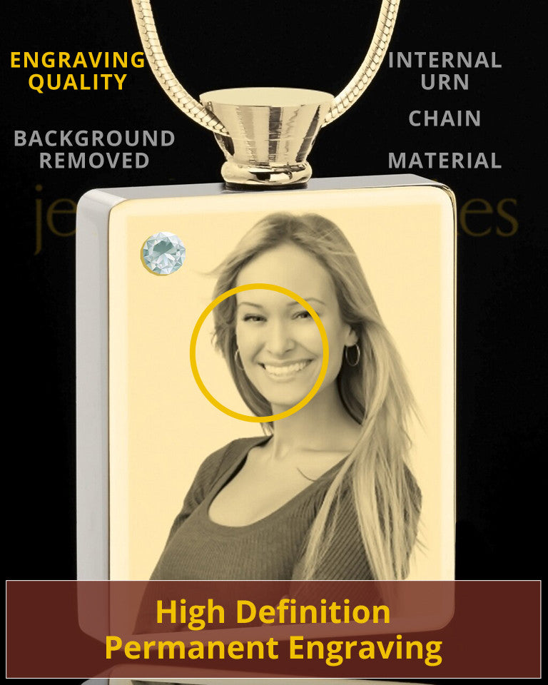 Photo Engraved April Gold Plated Rectangle Cremation Pendant