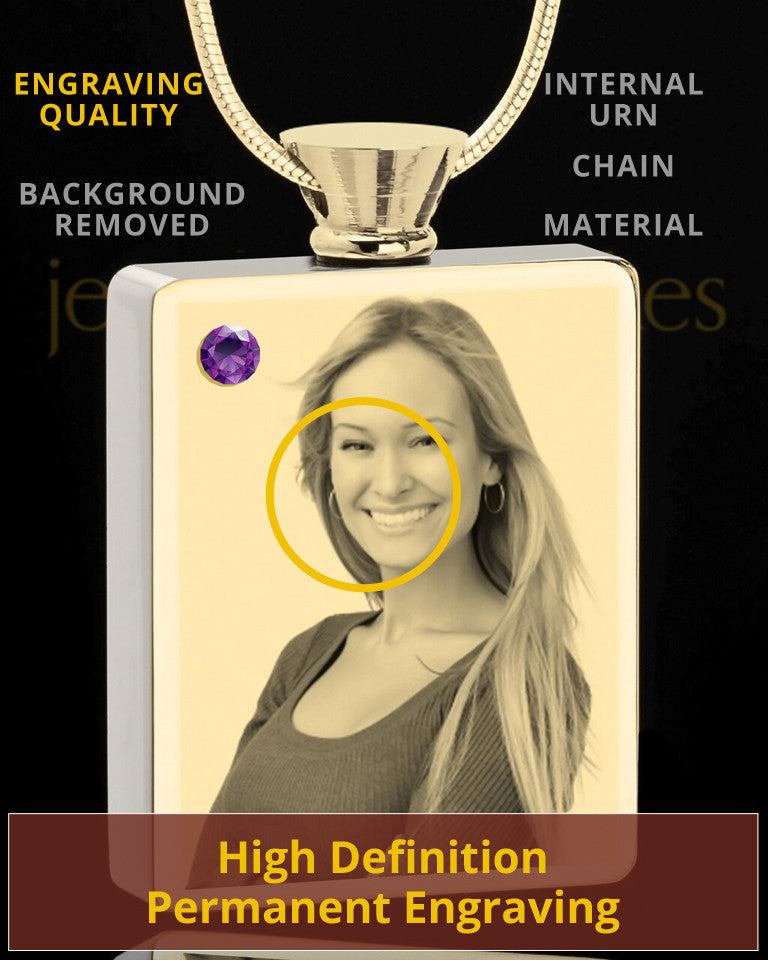Photo Engraved February Gold Plated Rectangle Cremation Pendant