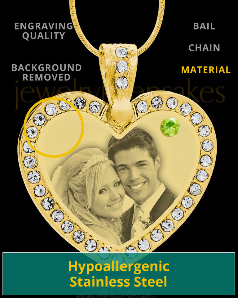 August Gold Gem Heart Birthstone Photo Engraved Pendant