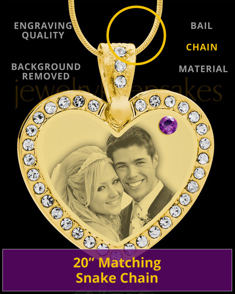 February Gold Gem Heart Birthstone Photo Engraved Pendant
