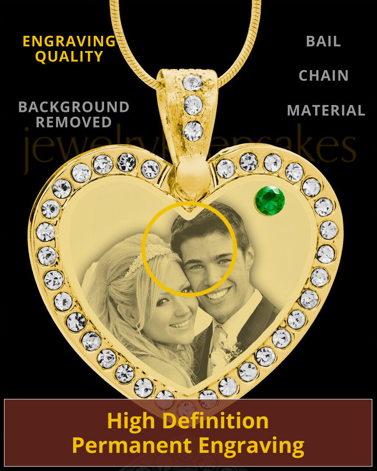May Gold Gem Heart Birthstone Photo Engraved Pendant