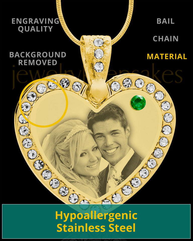 May Gold Gem Heart Birthstone Photo Engraved Pendant