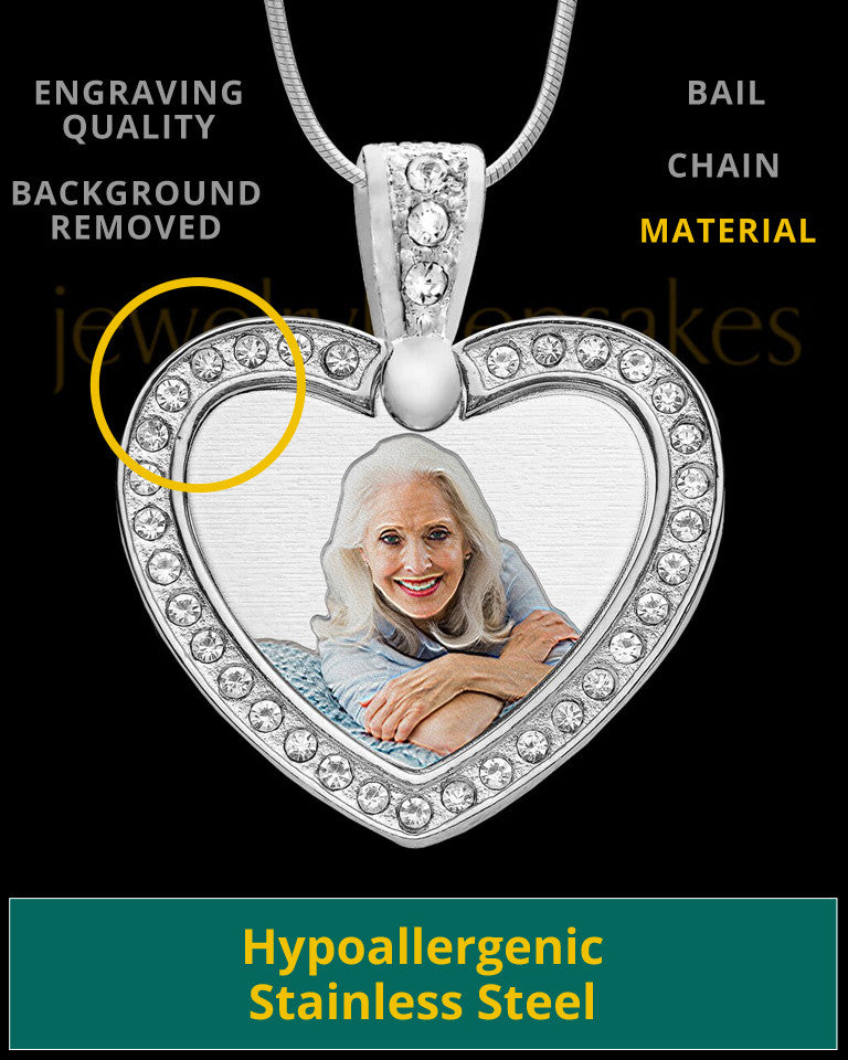 Photo Engraved Gem Heart Full Color Pendant Stainless Steel