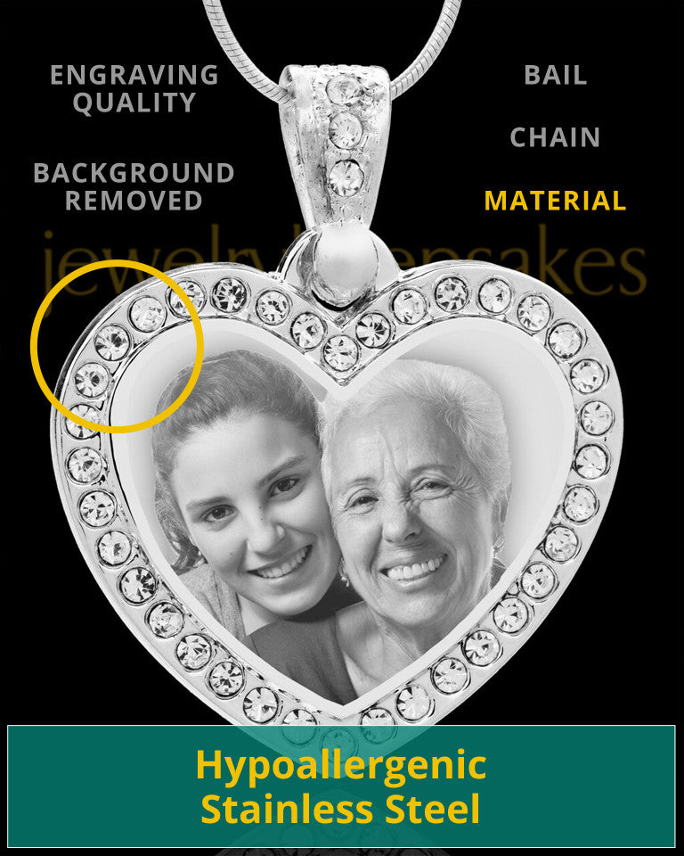 Photo Engraved Gem Heart Pendant Stainless Steel