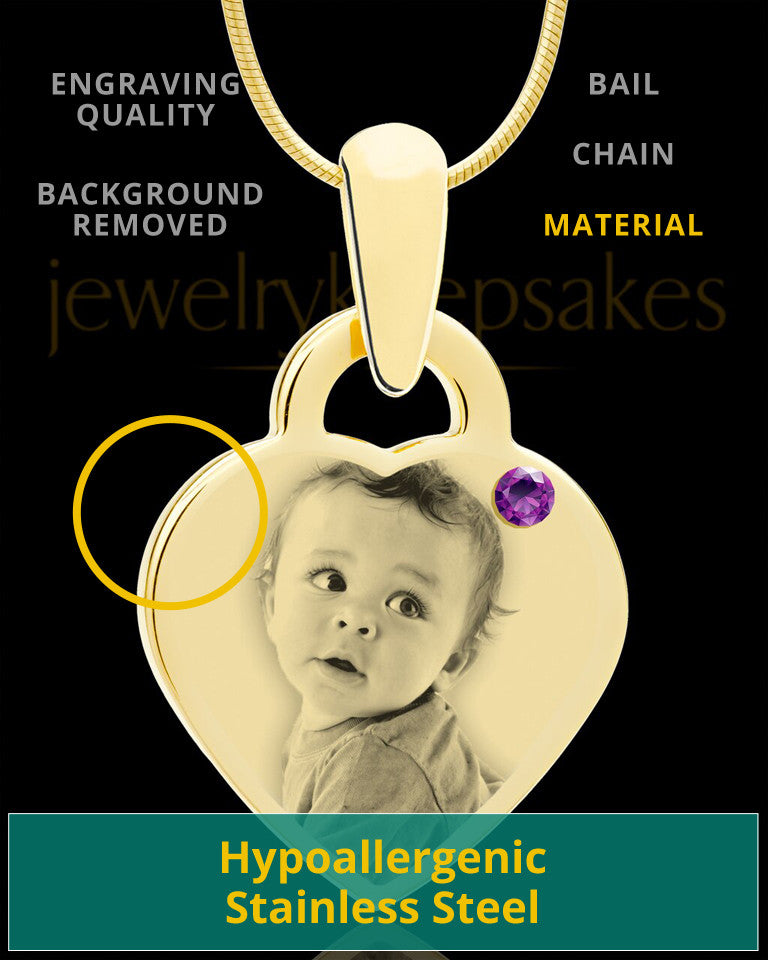 February Gold Small Photo Engraved Heart Pendant