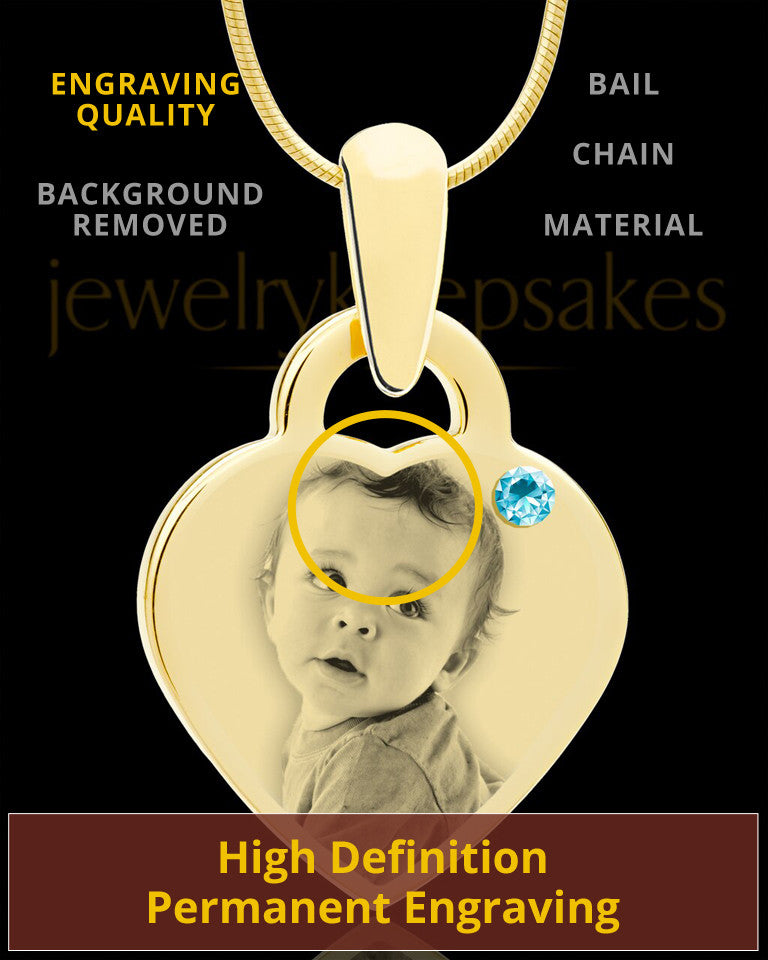 March Gold Small Photo Engraved Heart Pendant