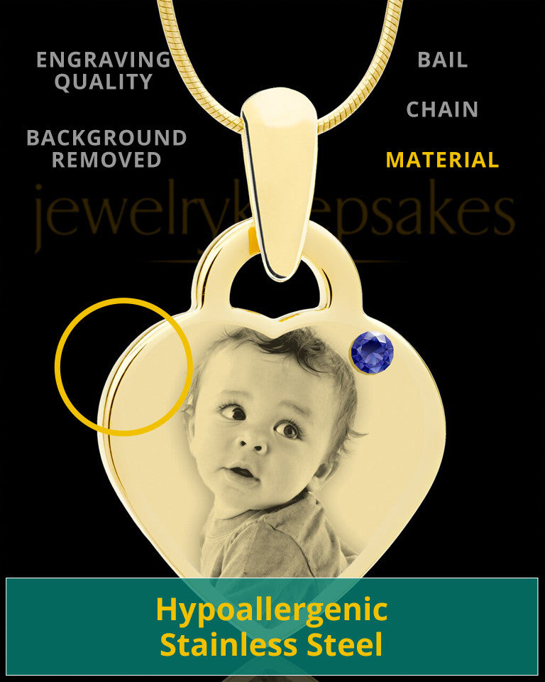 September Gold Small Photo Engraved Heart Pendant