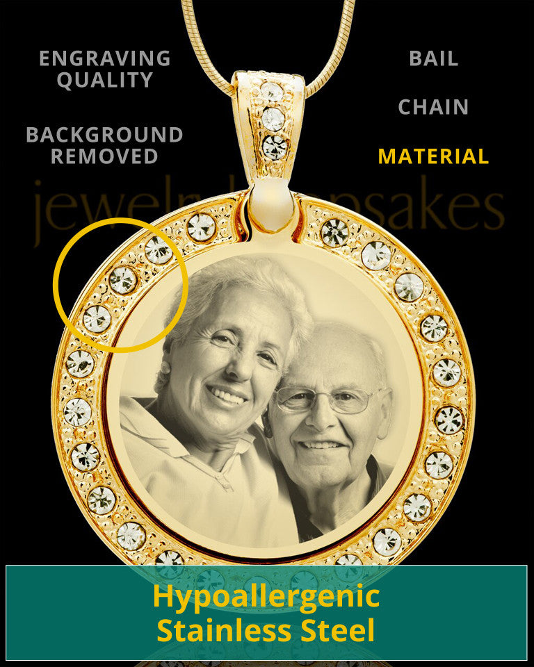 Gold Plated Photo Engraved Pendant Gem Circle over Stainless Keepsake