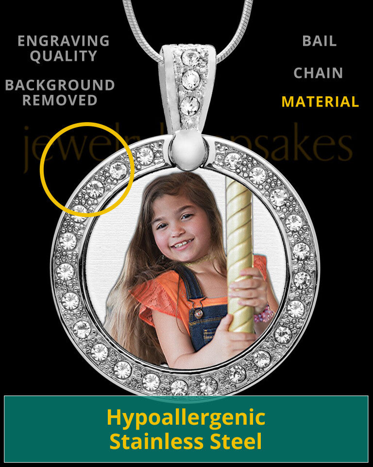 Full Color Photo Engraved Gem Circle Pendant Stainless Steel