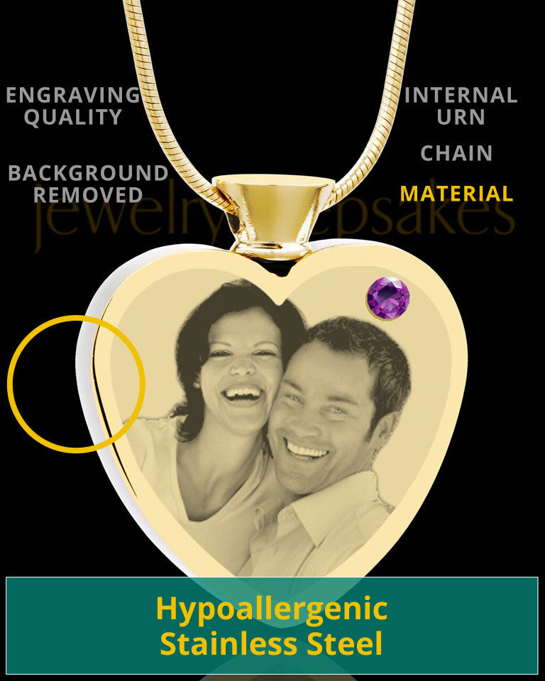 February Gold Plated Photo Engraved Heart Cremation Pendant