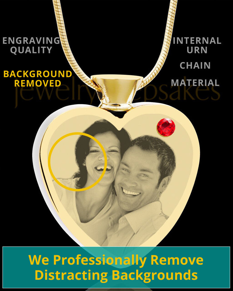 July Gold Plated Photo Engraved Heart Cremation Pendant
