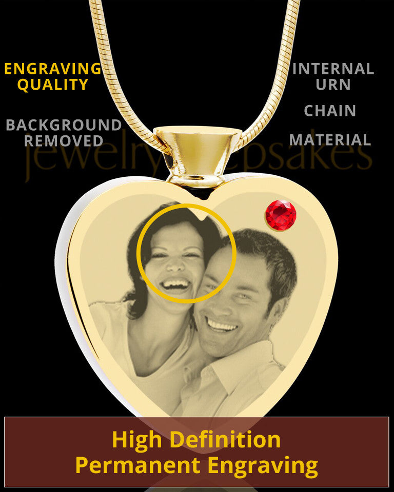 July Gold Plated Photo Engraved Heart Cremation Pendant