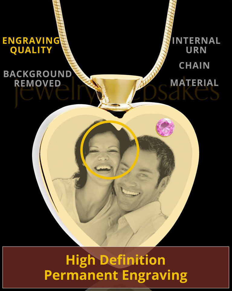 June Gold Plated Photo Engraved Heart Cremation Pendant
