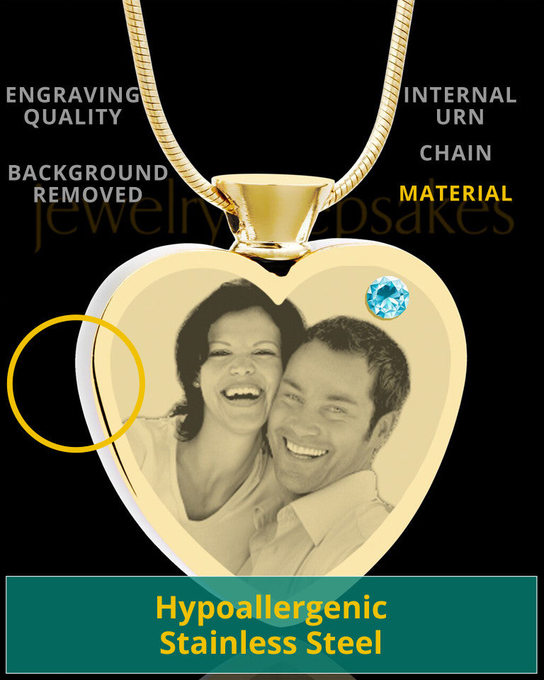 March Gold Plated Photo Engraved Heart Cremation Pendant