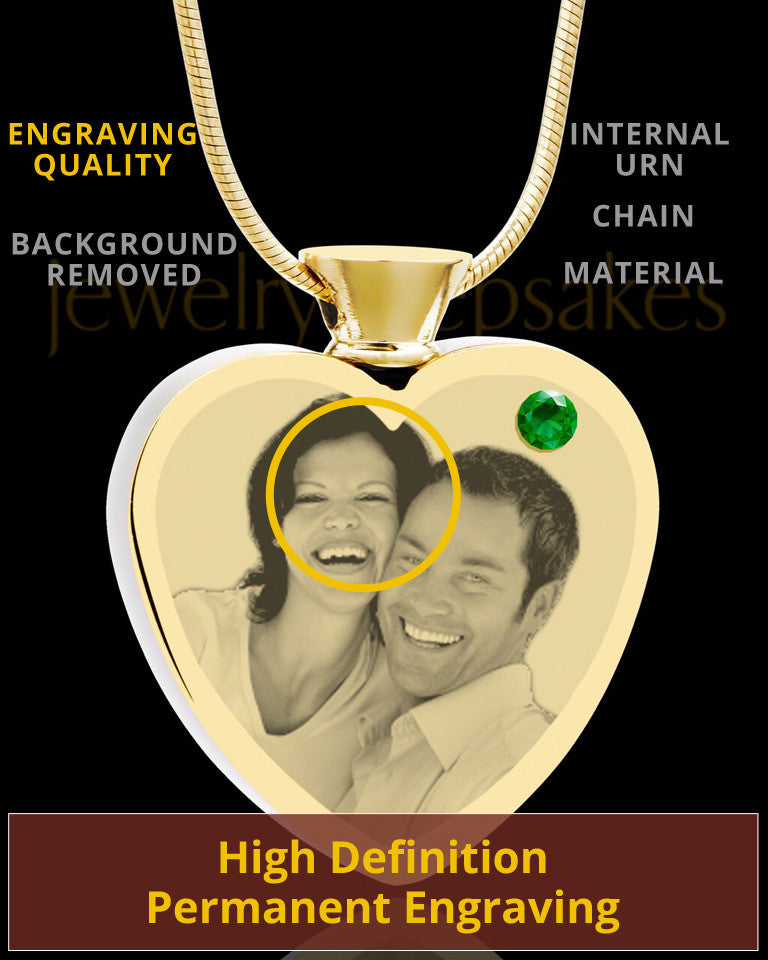 May Gold Plated Photo Engraved Heart Cremation Pendant