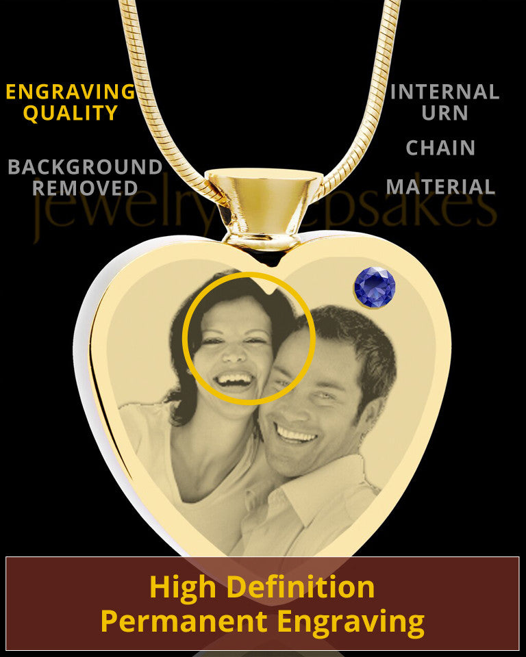 September Gold Plated Photo Engraved Heart Cremation Pendant