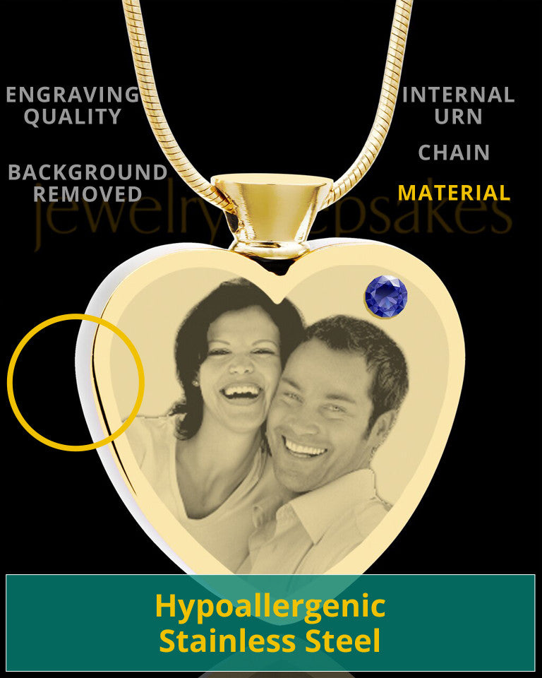September Gold Plated Photo Engraved Heart Cremation Pendant