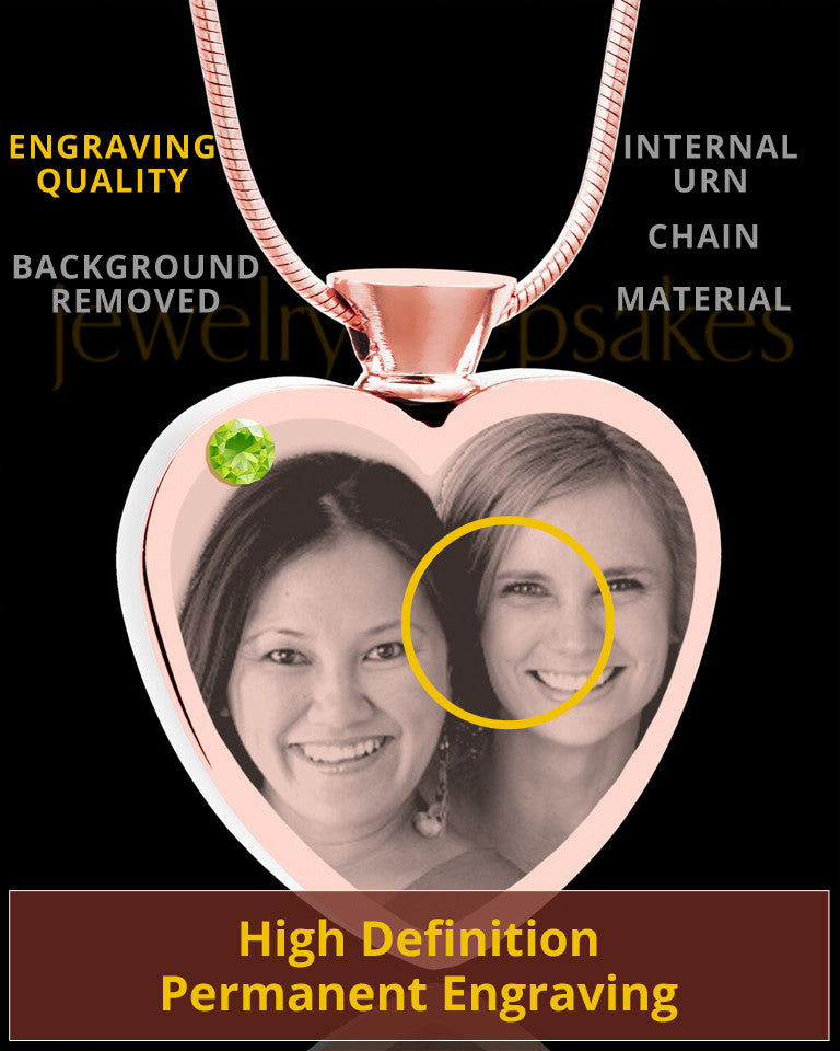 August Rose Gold Plated Heart Photo Engraved Cremation Pendant