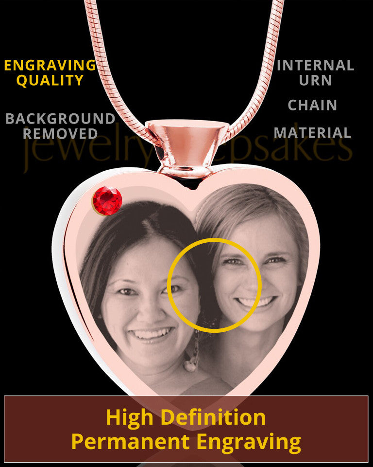 July Rose Gold Plated Heart Photo Engraved Cremation Pendant