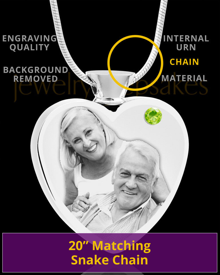 August Stainless Steel Photo Engraved Heart Cremation Pendant