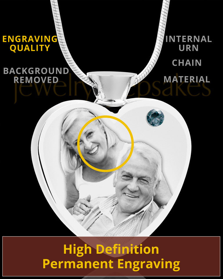 December Stainless Steel Photo Engraved Heart Cremation Pendant