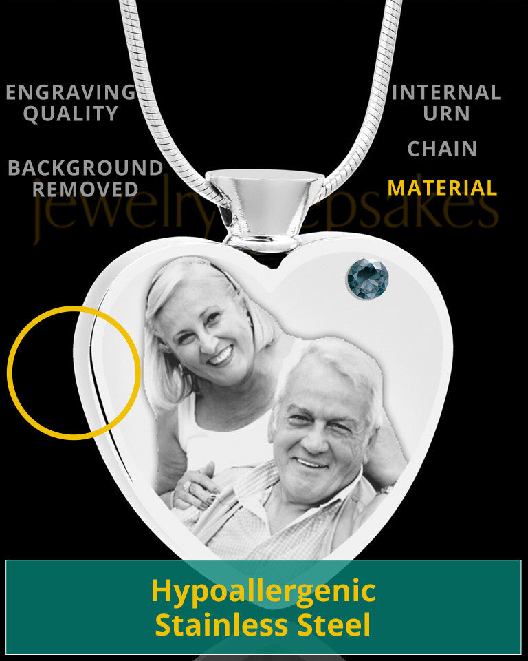 December Stainless Steel Photo Engraved Heart Cremation Pendant