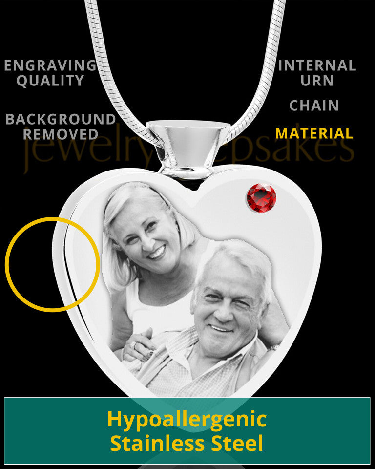 January Stainless Steel Photo Engraved Heart Cremation Pendant