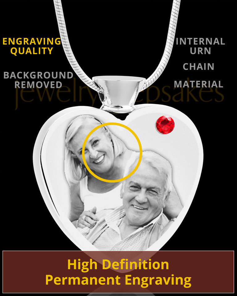 July Stainless Steel Photo Engraved Heart Cremation Pendant