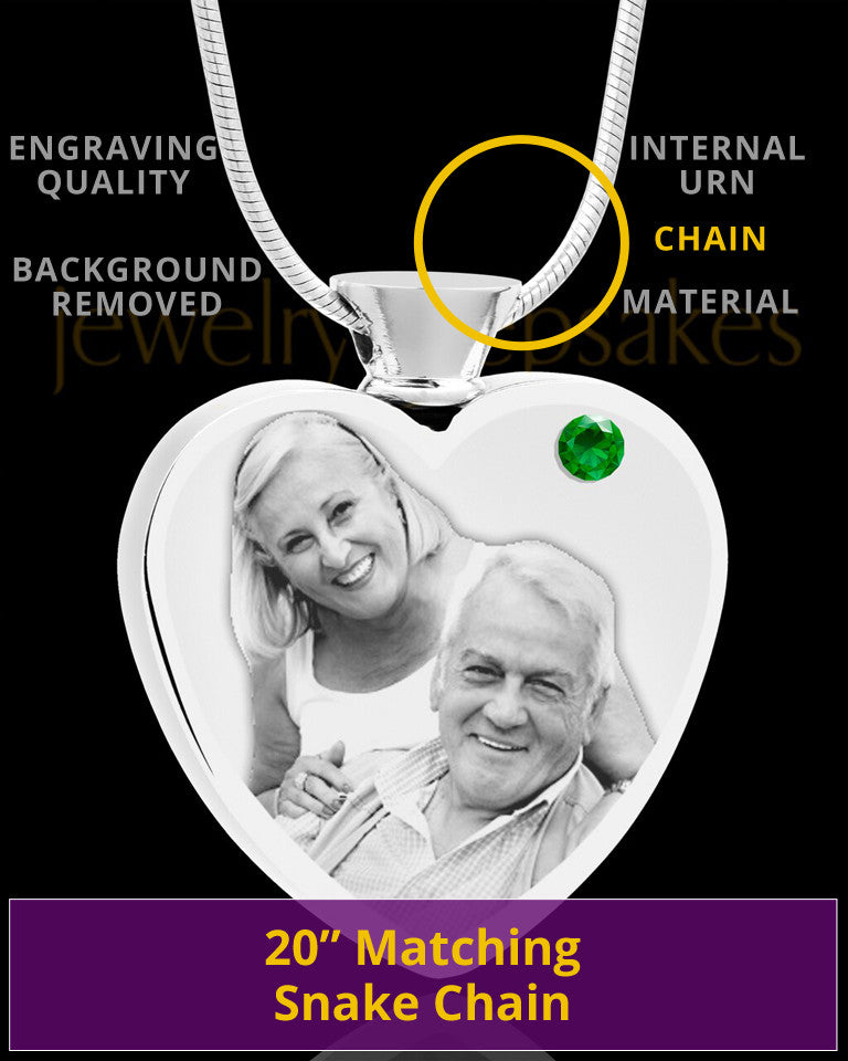 May Stainless Steel Photo Engraved Heart Cremation Pendant