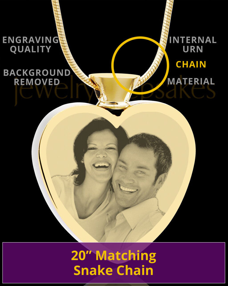 Photo Engraved Heart Gold Plated on Stainless Cremation Pendant