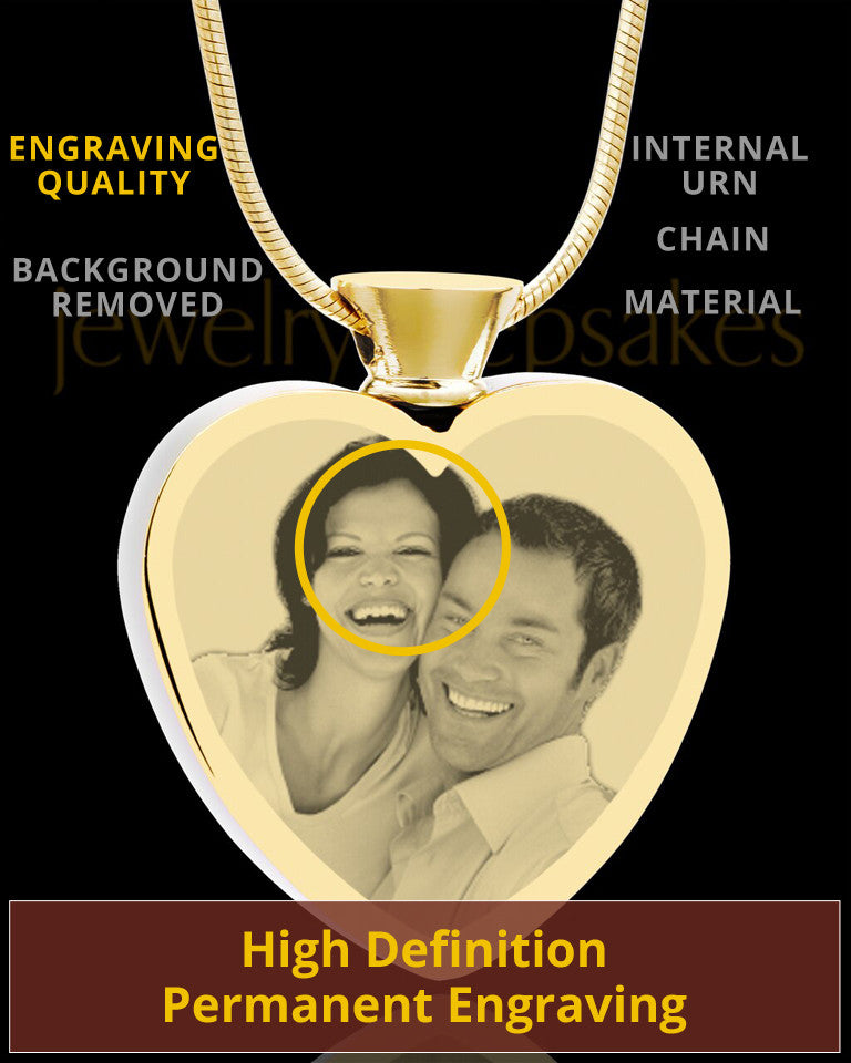 Photo Engraved Heart Gold Plated on Stainless Cremation Pendant