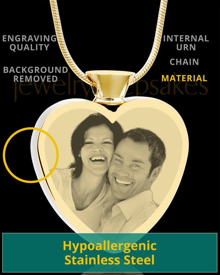 Photo Engraved Heart Gold Plated on Stainless Cremation Pendant
