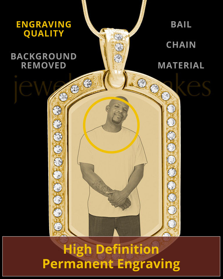 Gold Gem Rectangle Photo Engraved Pendant