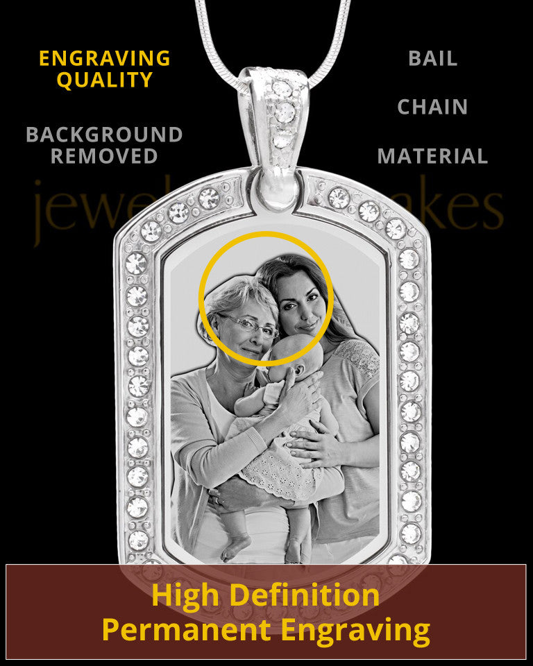 Silver Gem Rectangle Photo Engraved Pendant