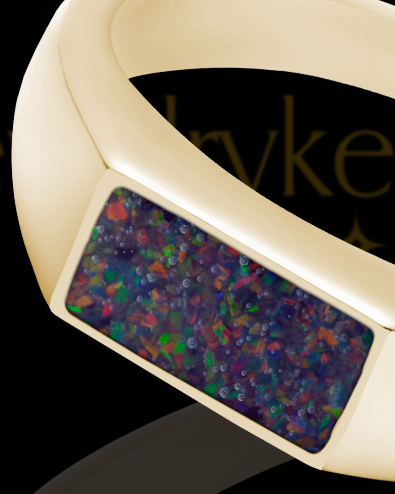 Solid 14K Gold Men's Tacoma Black Blaze Opal Ash Ring