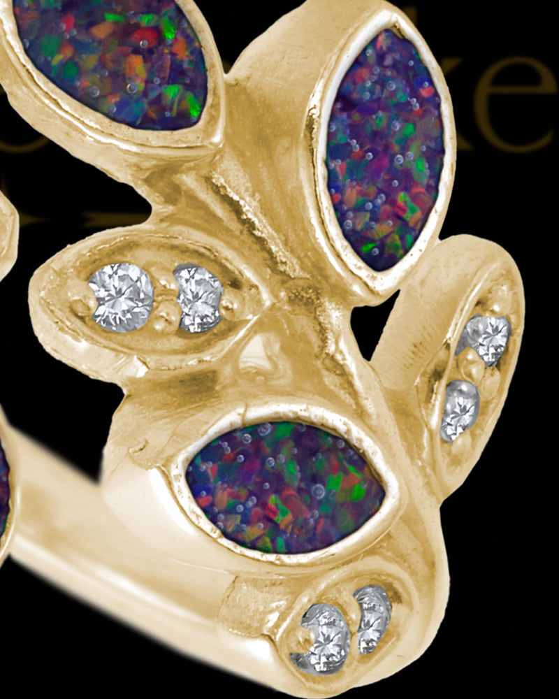 Solid 14K Gold Ladies Felicity Black Blaze Opal Ash Ring