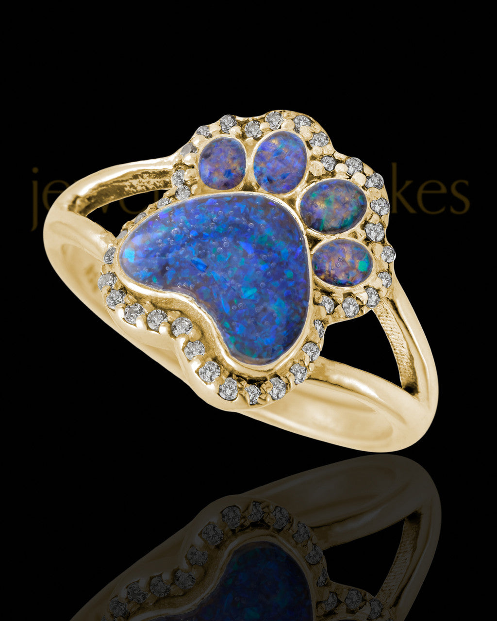 Solid 14K Gold Ladies My Best Friend Paw Print Ocean Tide Opal Ash Ring