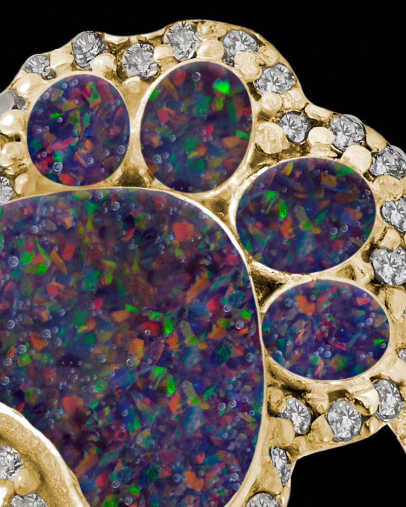 Solid 14K Gold Ladies My Best Friend Paw Print Black Blaze Opal Ash Ring