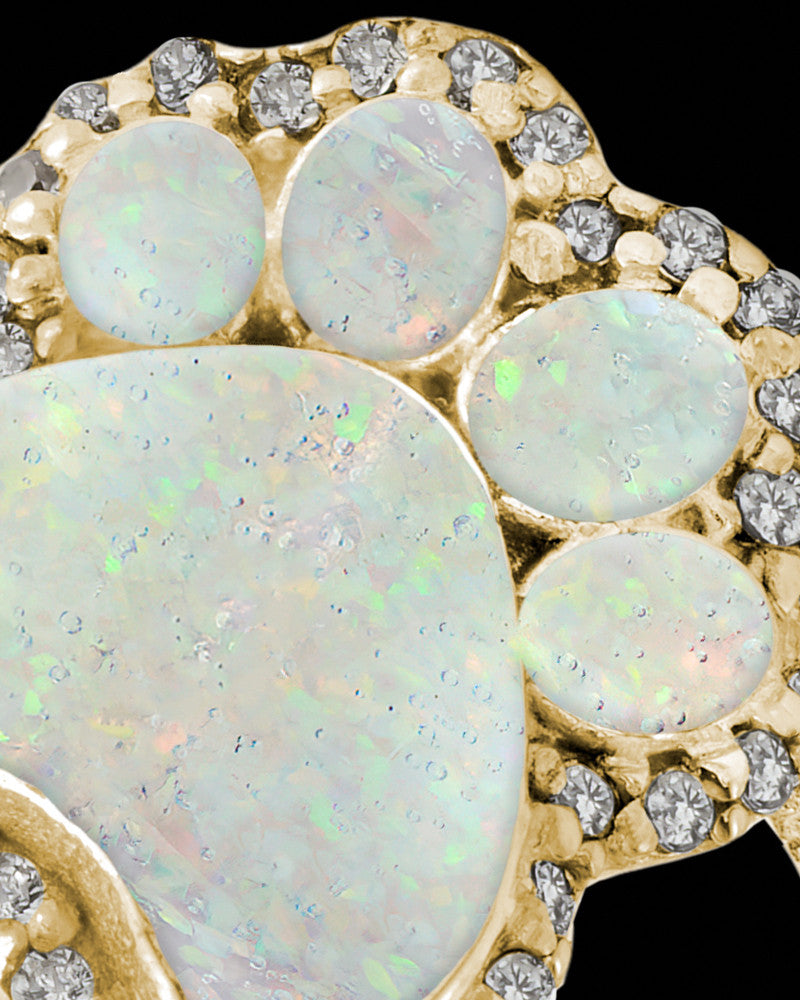 Solid 14K Gold Ladies My Best Friend Paw Print Crushed Linen Opal Ash Ring