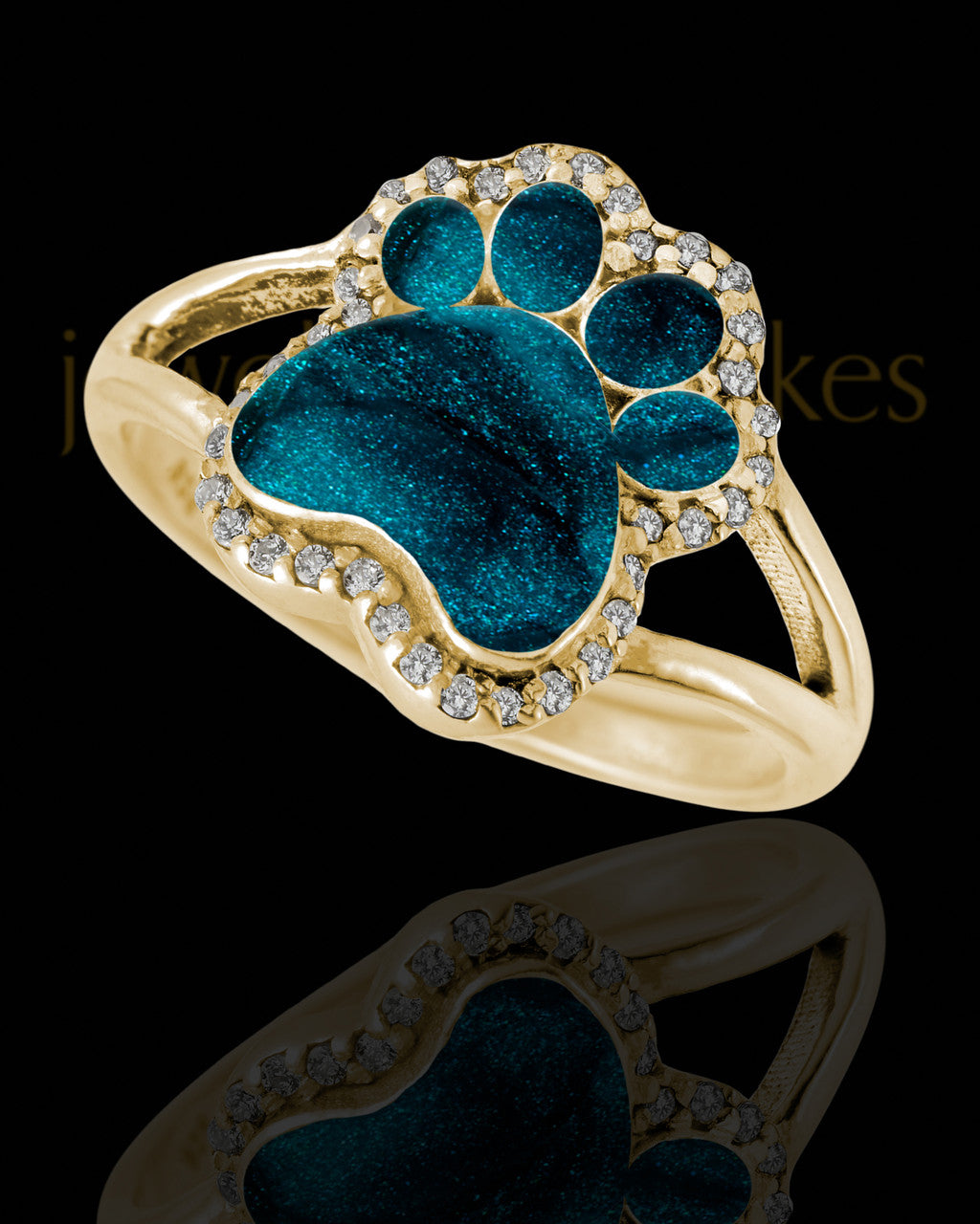 Solid 14K Gold Ladies My Best Friend Paw Print with Teal Ash Ring