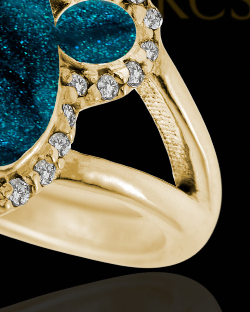 Solid 14K Gold Ladies My Best Friend Paw Print with Teal Ash Ring