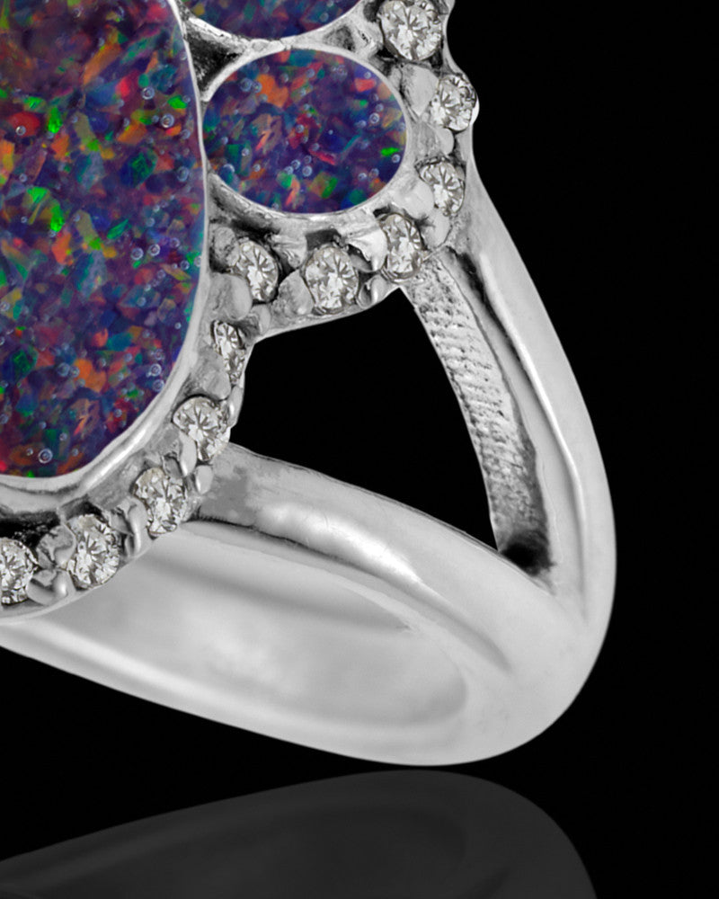 Ladies My Best Friend Paw Print Black Blaze Opal Silver Ash Ring