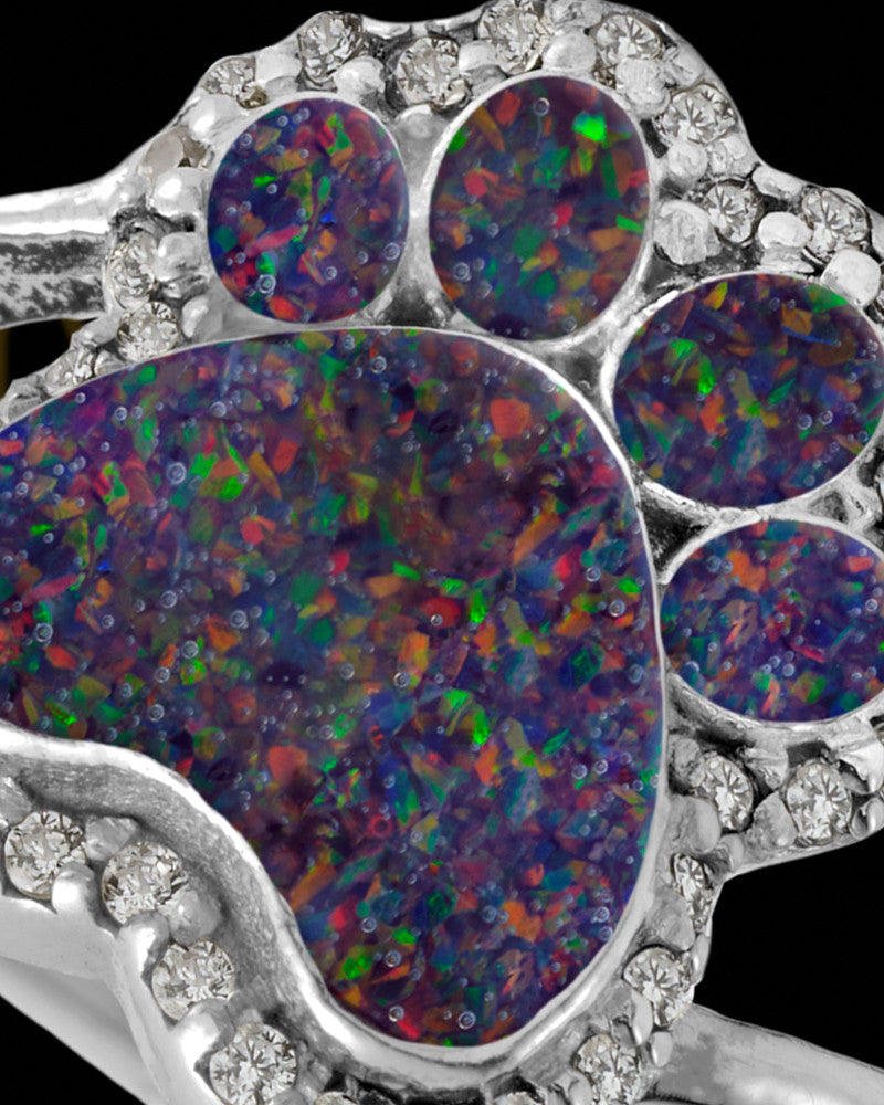 Ladies My Best Friend Paw Print Black Blaze Opal Silver Ash Ring