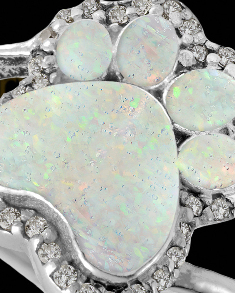 Ladies My Best Friend Paw Print Crushed Linen Opal Silver Ash Ring
